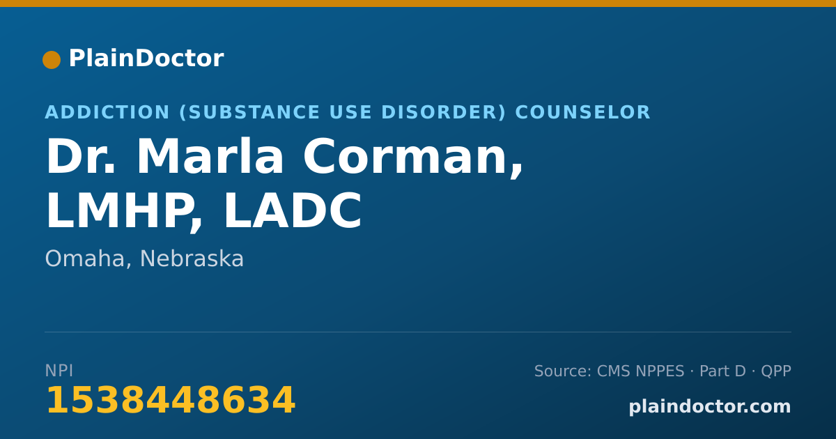 Shareable card for Marla Corman, LMHP, LADC - Addiction (Substance Use Disorder) Counselor, Omaha, NE