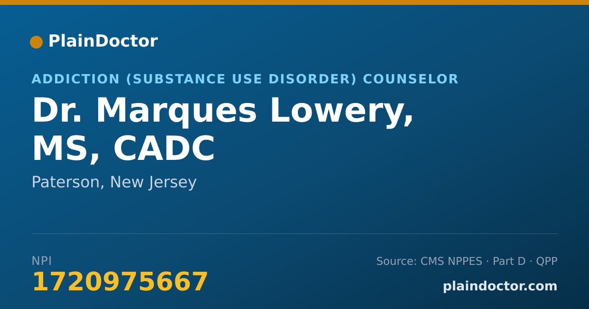 Shareable card for Marques Lowery, MS, CADC - Addiction (Substance Use Disorder) Counselor, Paterson, NJ