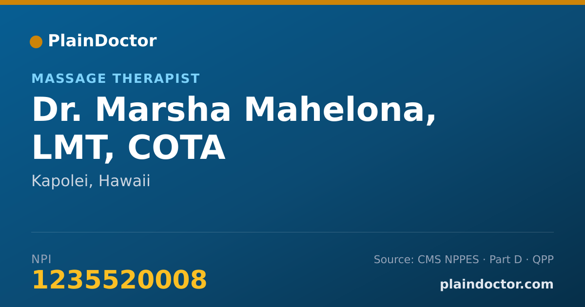 Shareable card for Marsha Mahelona, LMT, COTA - Massage Therapist, Kapolei, HI