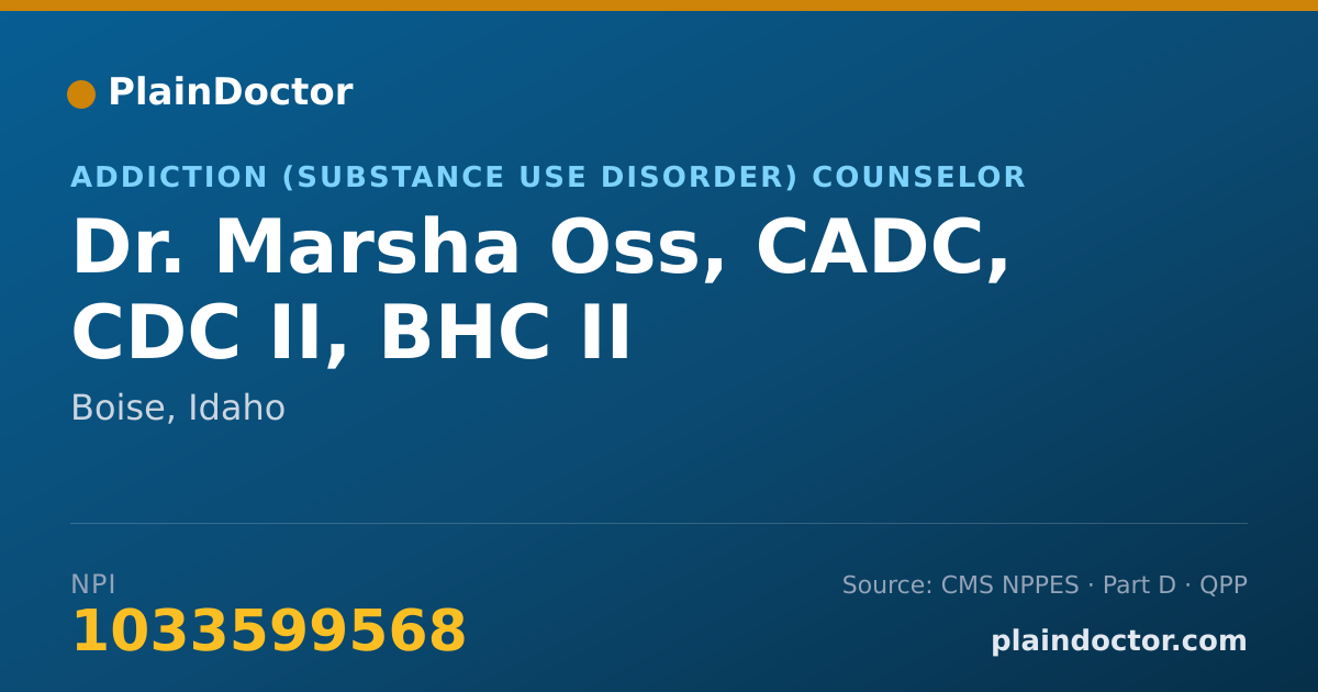 Shareable card for Marsha Oss, CADC, CDC II, BHC II - Addiction (Substance Use Disorder) Counselor, Boise, ID