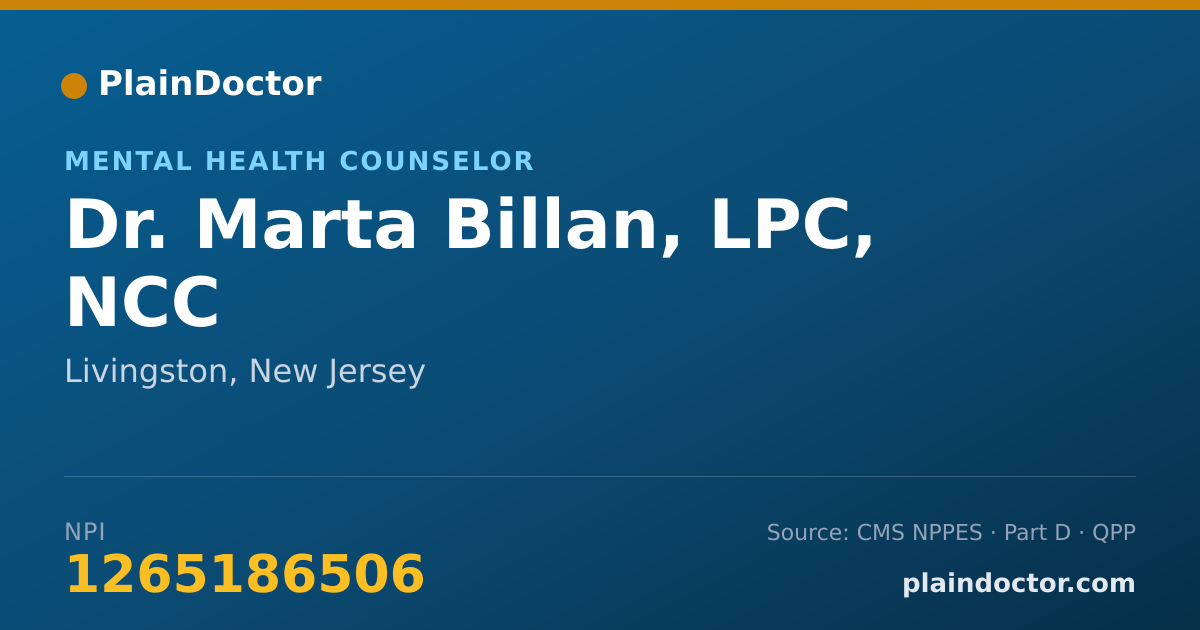 Shareable card for Marta Billan, LPC, NCC - Mental Health Counselor, Livingston, NJ