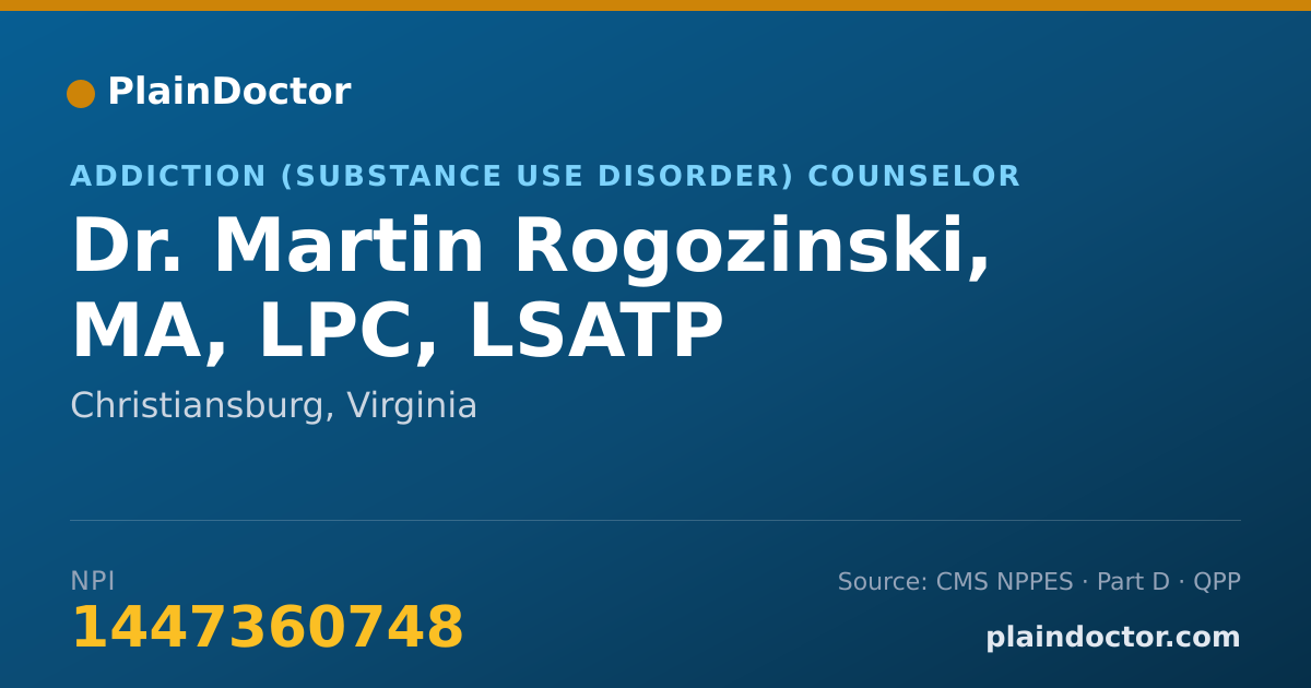 Shareable card for Martin Rogozinski, MA, LPC, LSATP - Addiction (Substance Use Disorder) Counselor, Christiansburg, VA