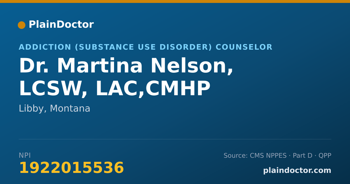 Shareable card for Martina Nelson, LCSW, LAC,CMHP - Addiction (Substance Use Disorder) Counselor, Libby, MT