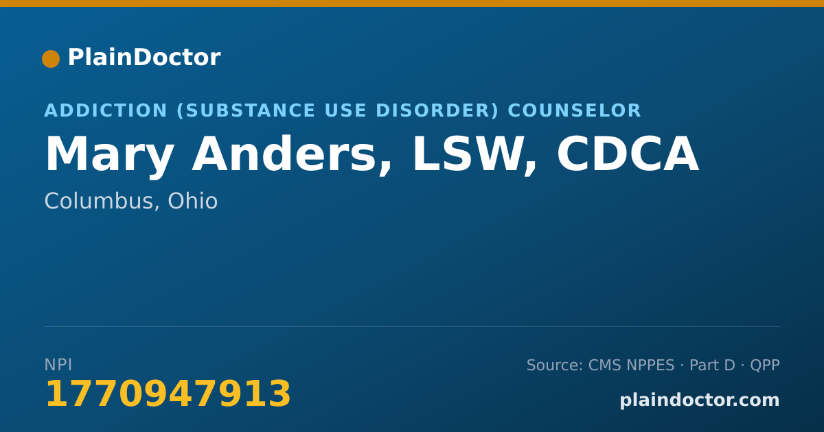Shareable card for Mary Anders, LSW, CDCA - Addiction (Substance Use Disorder) Counselor, Columbus, OH