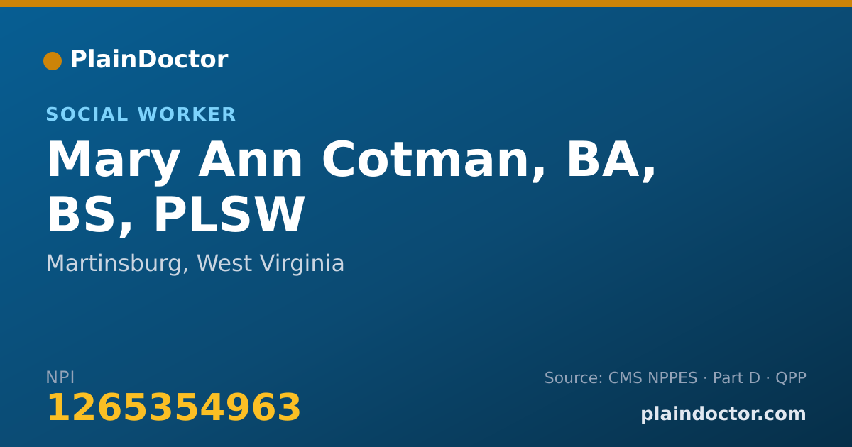 Shareable card for Mary Ann Cotman, BA, BS, PLSW - Social Worker, Martinsburg, WV