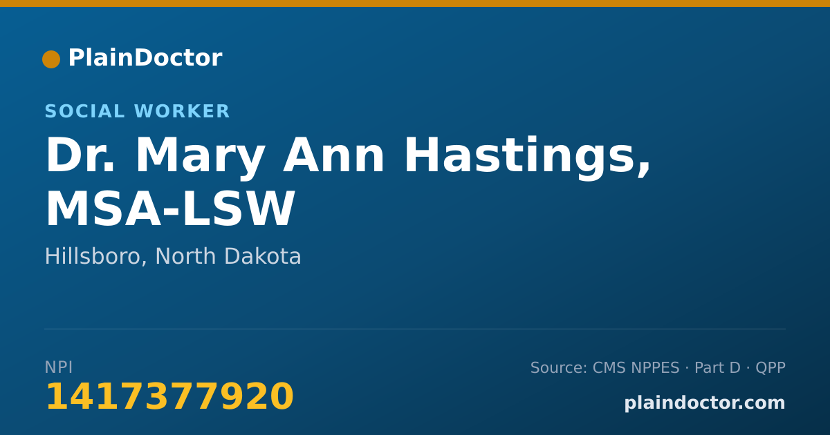 Shareable card for Mary Ann Hastings, MSA-LSW - Social Worker, Hillsboro, ND