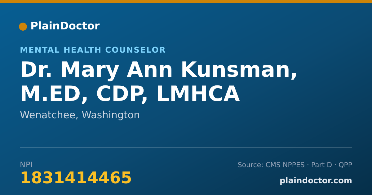 Shareable card for Mary Ann Kunsman, M.ED, CDP, LMHCA - Mental Health Counselor, Wenatchee, WA