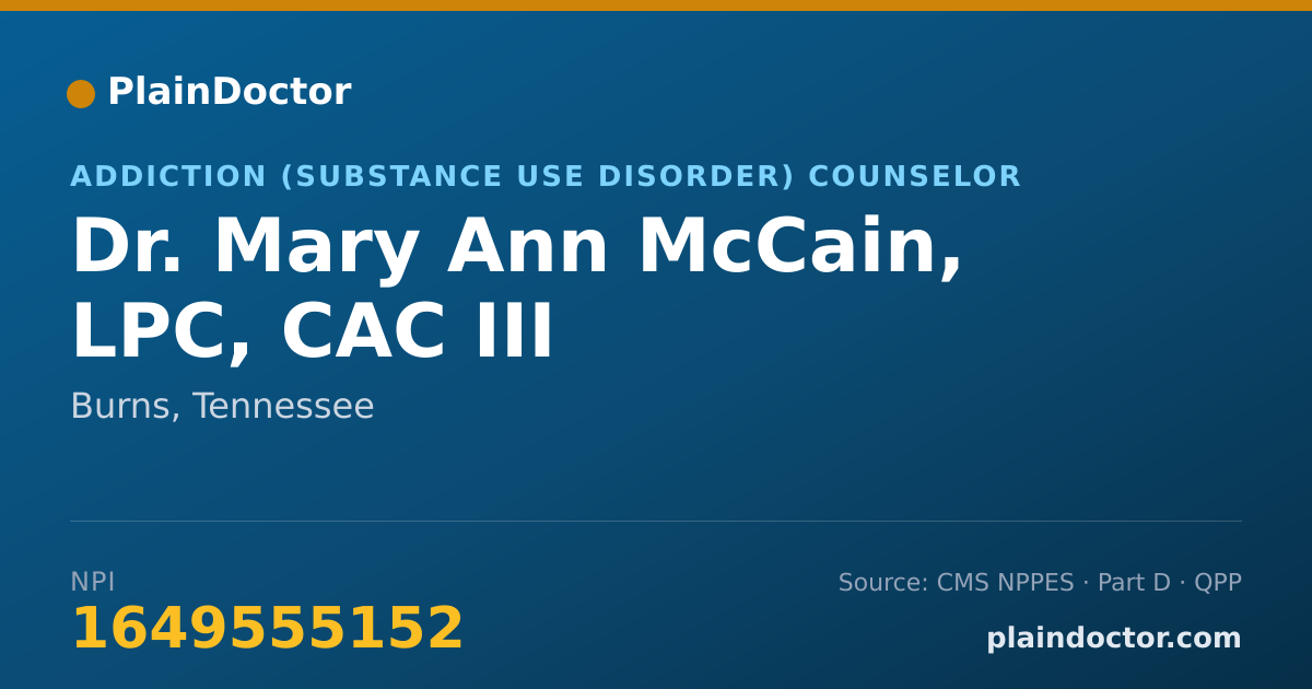 Shareable card for Mary Ann McCain, LPC, CAC III - Addiction (Substance Use Disorder) Counselor, Burns, TN