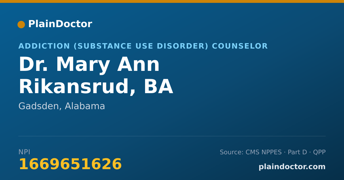 Shareable card for Mary Ann Rikansrud, BA - Addiction (Substance Use Disorder) Counselor, Gadsden, AL