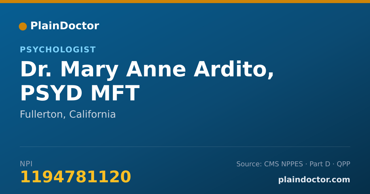 Shareable card for Mary Anne Ardito, PSYD MFT - Psychologist, Fullerton, CA
