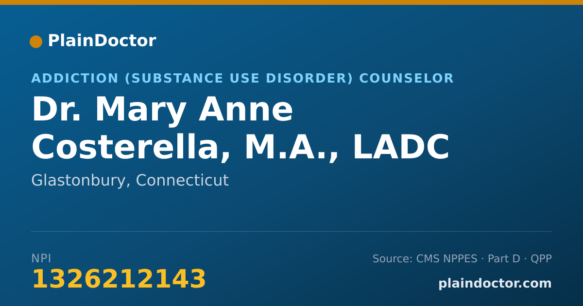 Shareable card for Mary Anne Costerella, M.A., LADC - Addiction (Substance Use Disorder) Counselor, Glastonbury, CT