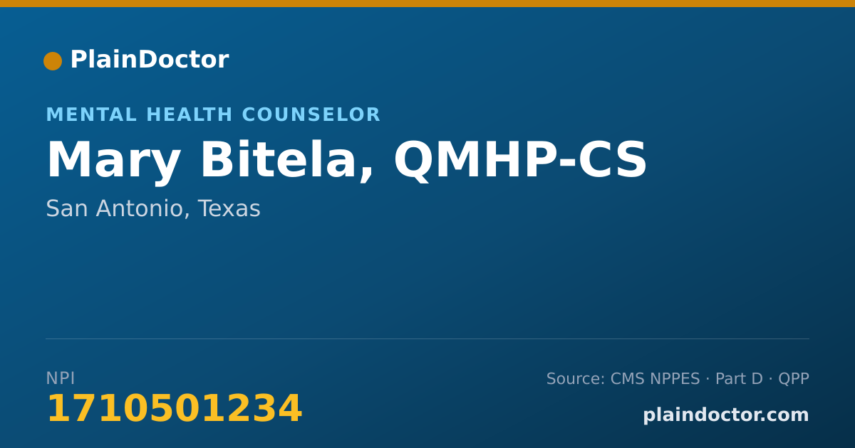 Shareable card for Mary Bitela, QMHP-CS - Mental Health Counselor, San Antonio, TX