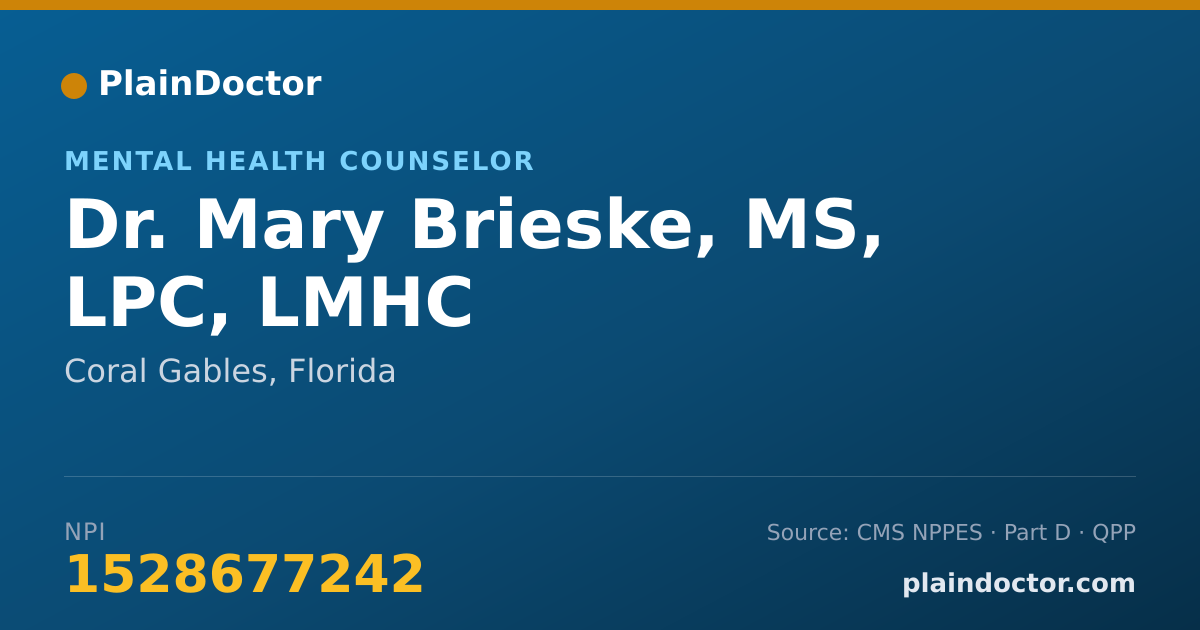 Shareable card for Mary Brieske, MS, LPC, LMHC - Mental Health Counselor, Coral Gables, FL