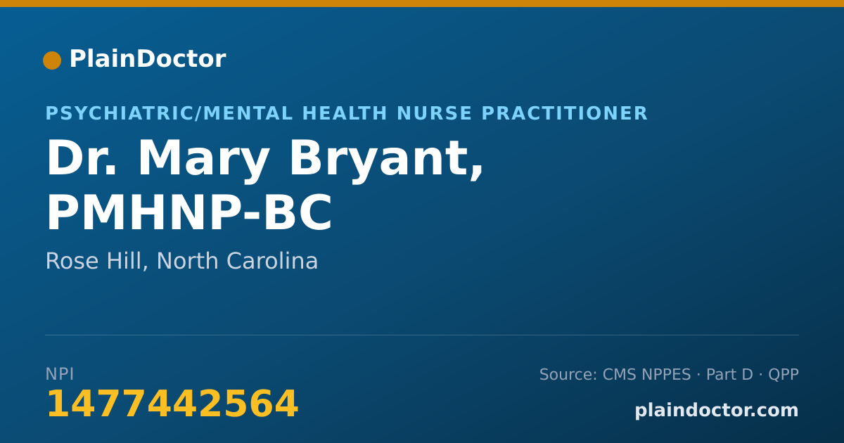 Shareable card for Mary Bryant, PMHNP-BC - Psychiatric/Mental Health Nurse Practitioner, Rose Hill, NC