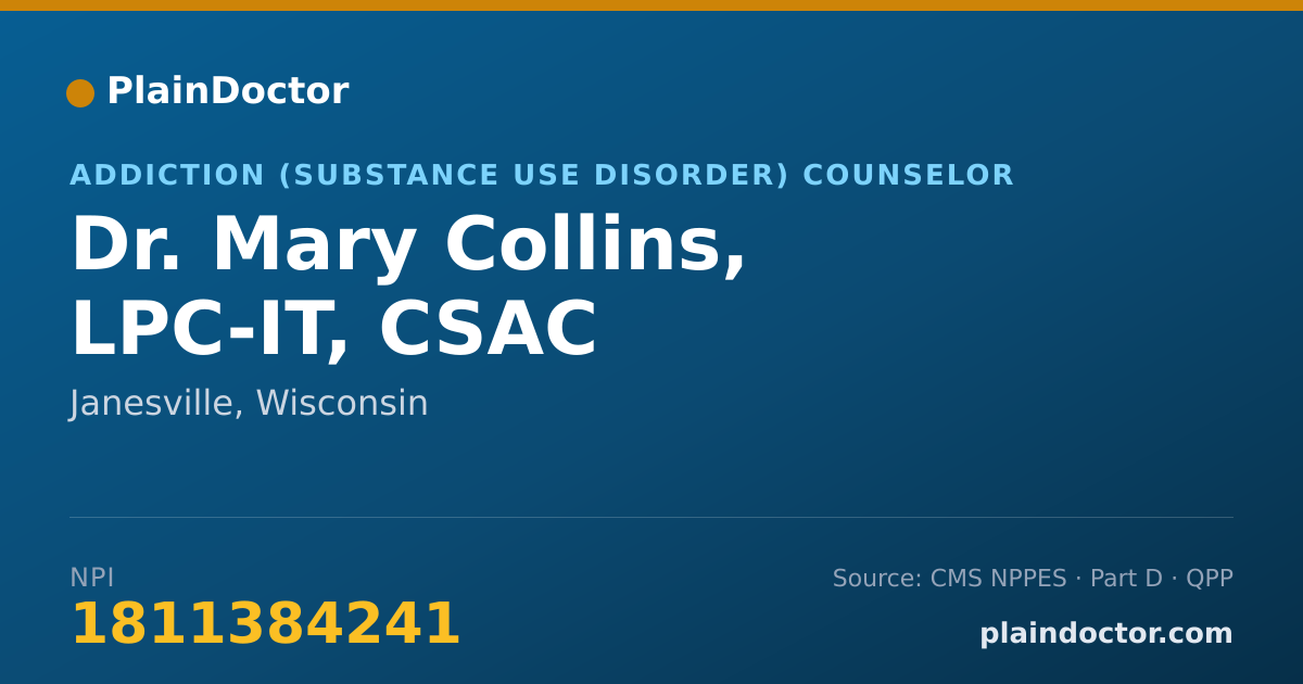 Shareable card for Mary Collins, LPC-IT, CSAC - Addiction (Substance Use Disorder) Counselor, Janesville, WI