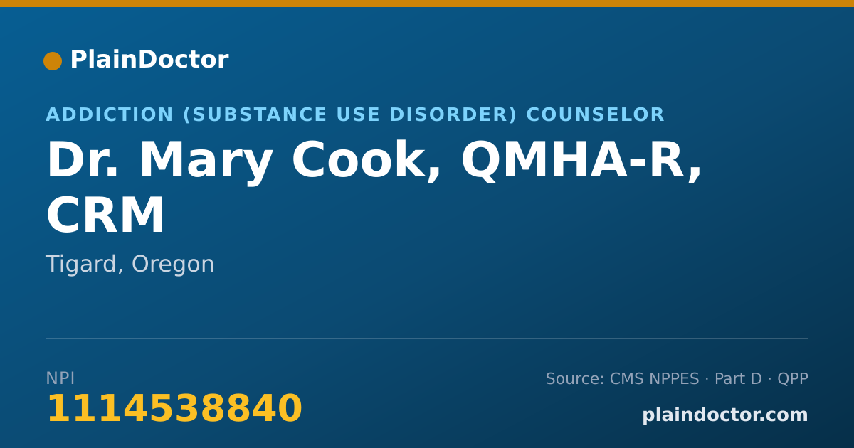 Shareable card for Mary Cook, QMHA-R, CRM - Addiction (Substance Use Disorder) Counselor, Tigard, OR