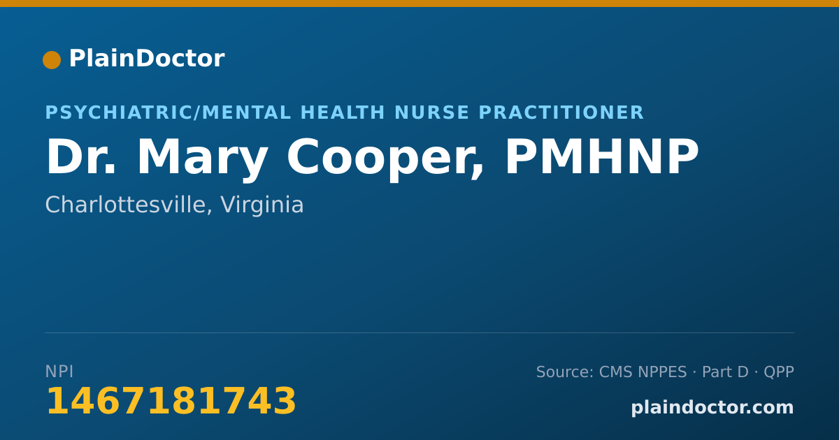 Shareable card for Mary Cooper, PMHNP - Psychiatric/Mental Health Nurse Practitioner, Charlottesville, VA
