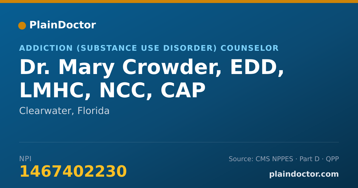 Shareable card for Mary Crowder, EDD, LMHC, NCC, CAP - Addiction (Substance Use Disorder) Counselor, Clearwater, FL