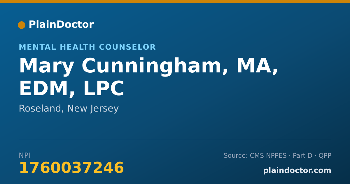 Shareable card for Mary Cunningham, MA, EDM, LPC - Mental Health Counselor, Roseland, NJ