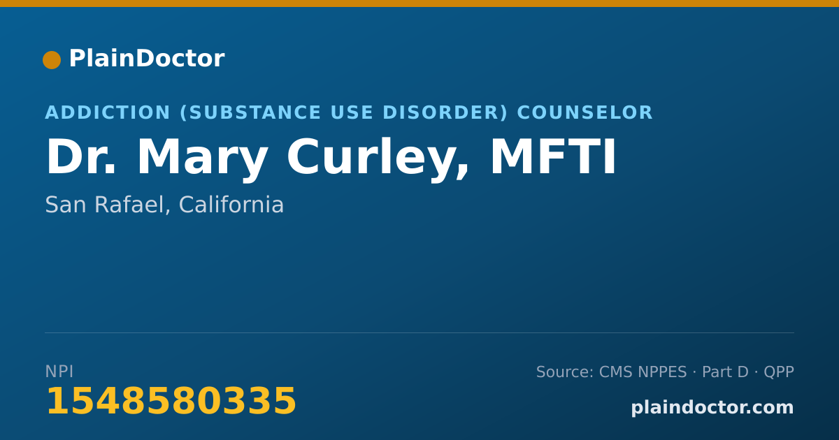 Shareable card for Mary Curley, MFTI - Addiction (Substance Use Disorder) Counselor, San Rafael, CA
