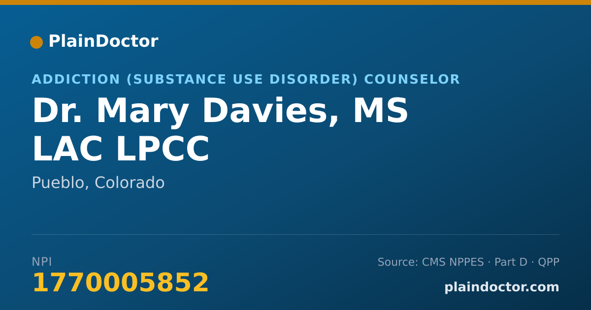 Shareable card for Mary Davies, MS LAC LPCC - Addiction (Substance Use Disorder) Counselor, Pueblo, CO