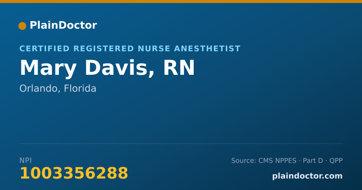 Shareable card for Mary Davis, RN - Certified Registered Nurse Anesthetist, Orlando, FL
