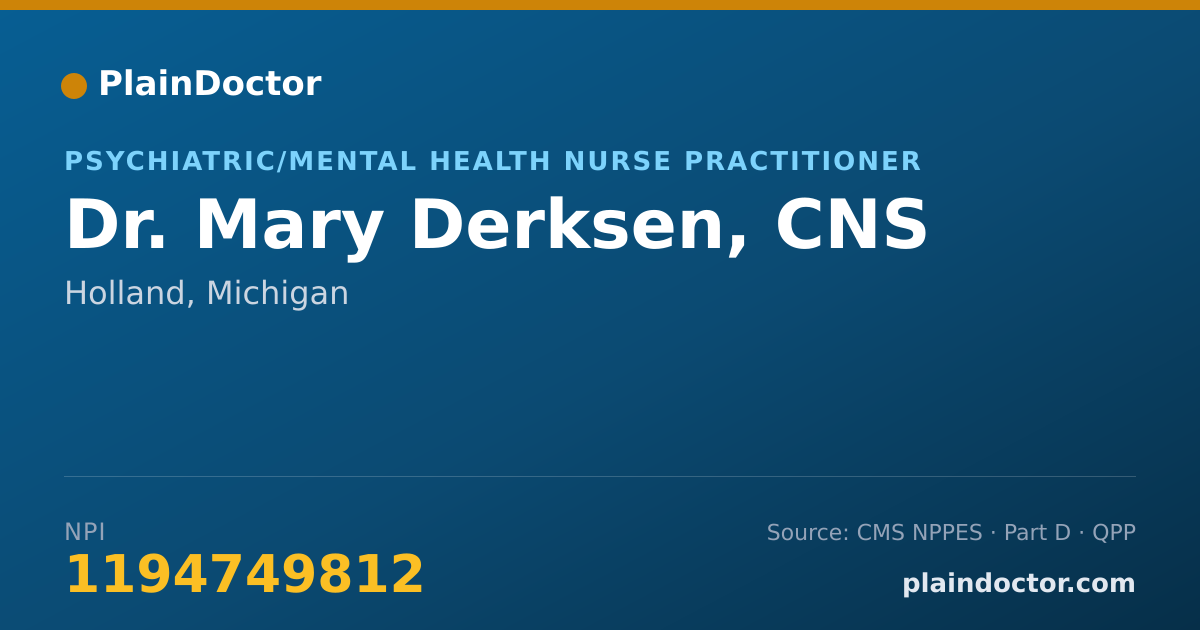 Shareable card for Mary Derksen, CNS - Psychiatric/Mental Health Nurse Practitioner, Holland, MI