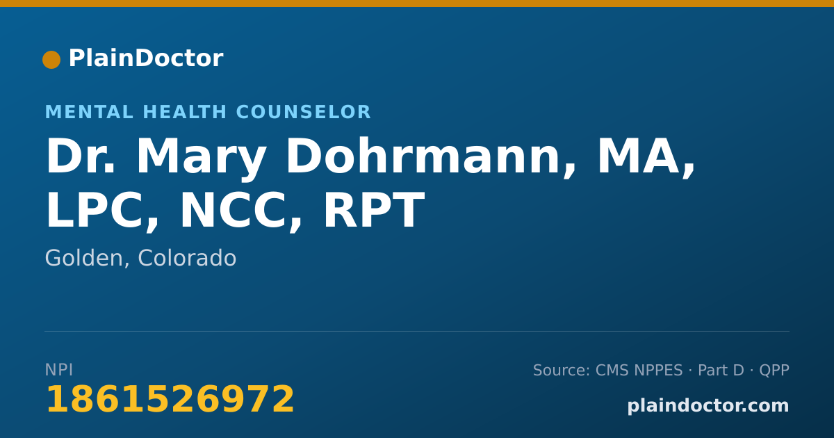 Shareable card for Mary Dohrmann, MA, LPC, NCC, RPT - Mental Health Counselor, Golden, CO