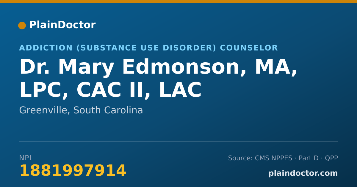 Shareable card for Mary Edmonson, MA, LPC, CAC II, LAC - Addiction (Substance Use Disorder) Counselor, Greenville, SC