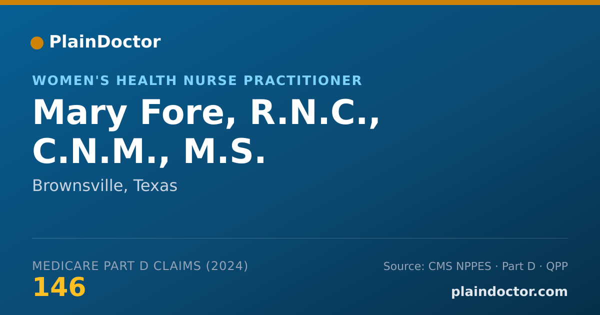 Shareable card for Mary Fore, R.N.C., C.N.M., M.S. - Women's Health Nurse Practitioner, Brownsville, TX