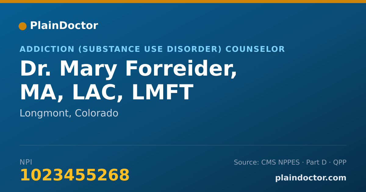 Shareable card for Mary Forreider, MA, LAC, LMFT - Addiction (Substance Use Disorder) Counselor, Longmont, CO