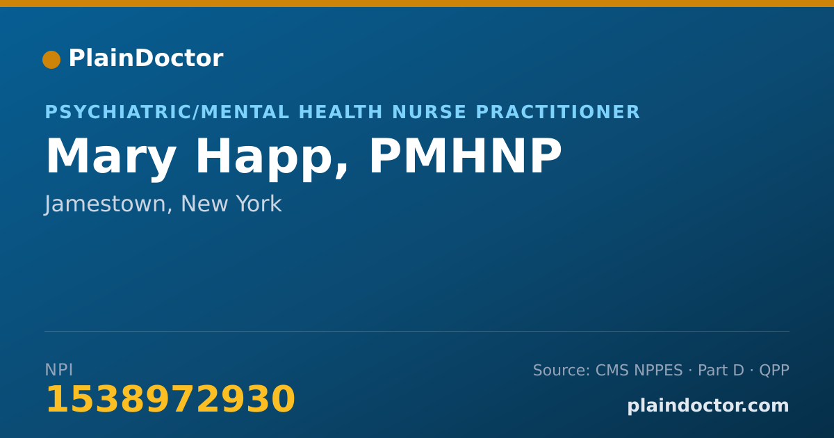 Shareable card for Mary Happ, PMHNP - Psychiatric/Mental Health Nurse Practitioner, Jamestown, NY