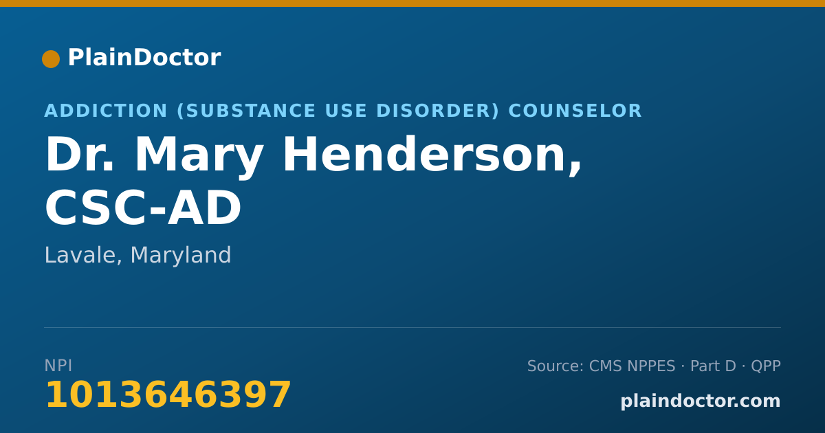 Shareable card for Mary Henderson, CSC-AD - Addiction (Substance Use Disorder) Counselor, Lavale, MD