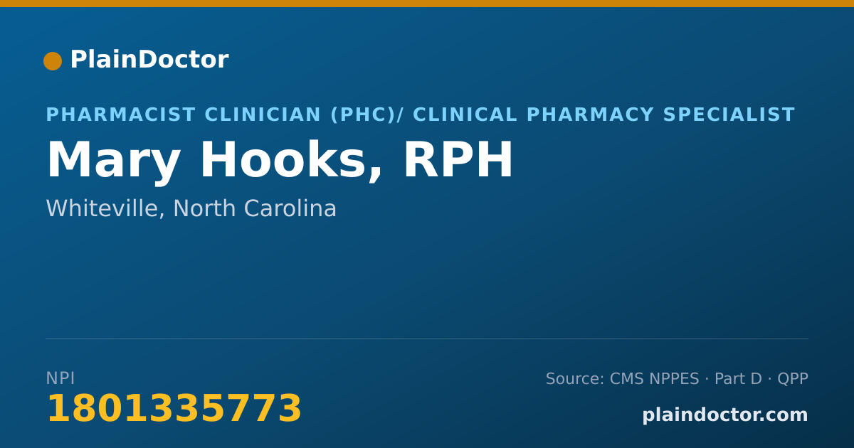 Shareable card for Mary Hooks, RPH - Pharmacist, Whiteville, NC