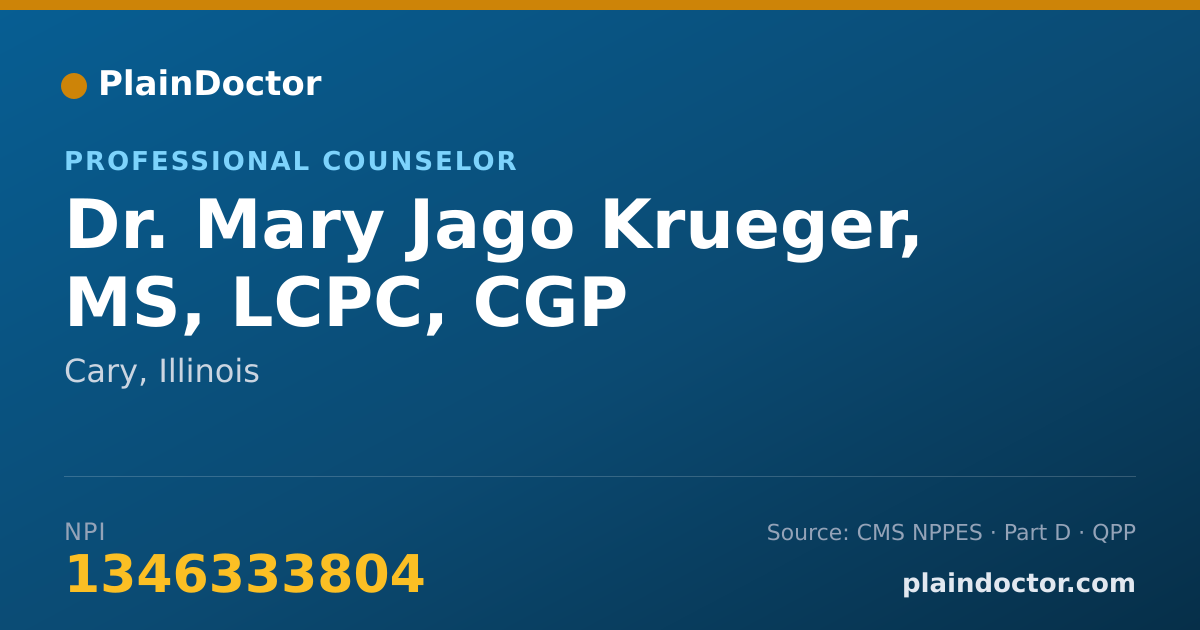 Shareable card for Mary Jago Krueger, MS, LCPC, CGP - Professional Counselor, Cary, IL
