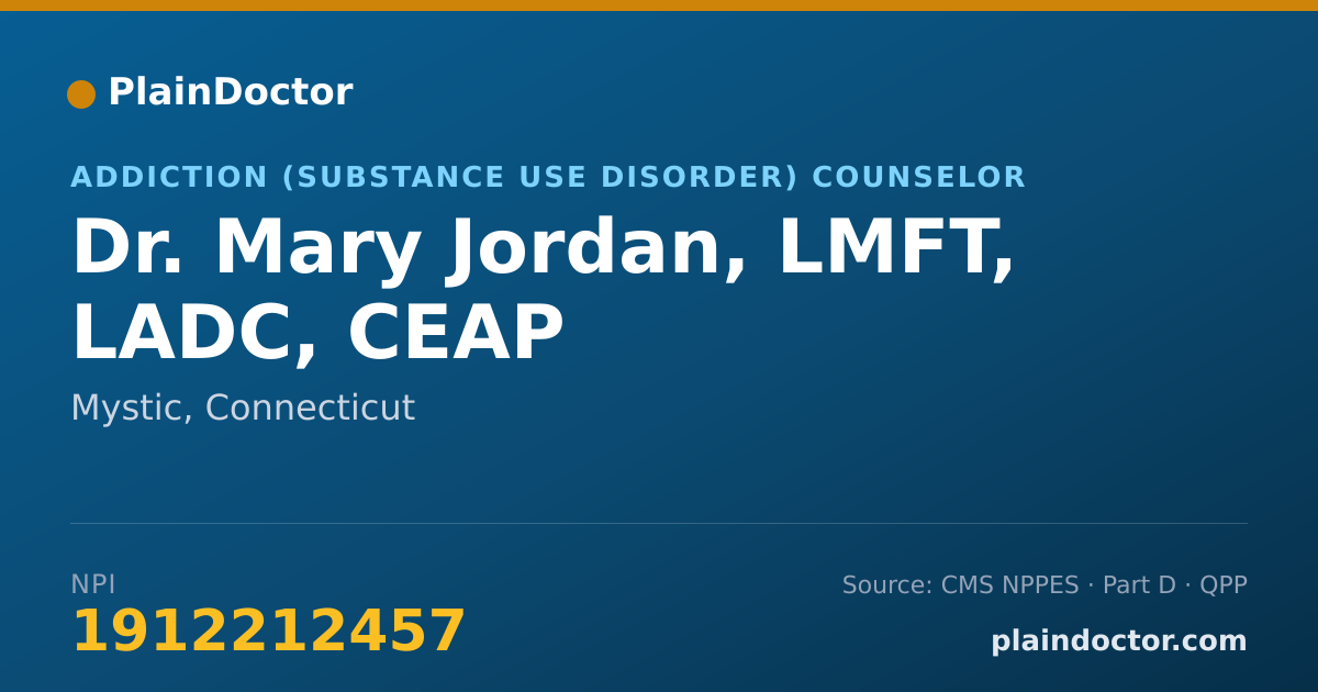 Shareable card for Mary Jordan, LMFT, LADC, CEAP - Addiction (Substance Use Disorder) Counselor, Mystic, CT