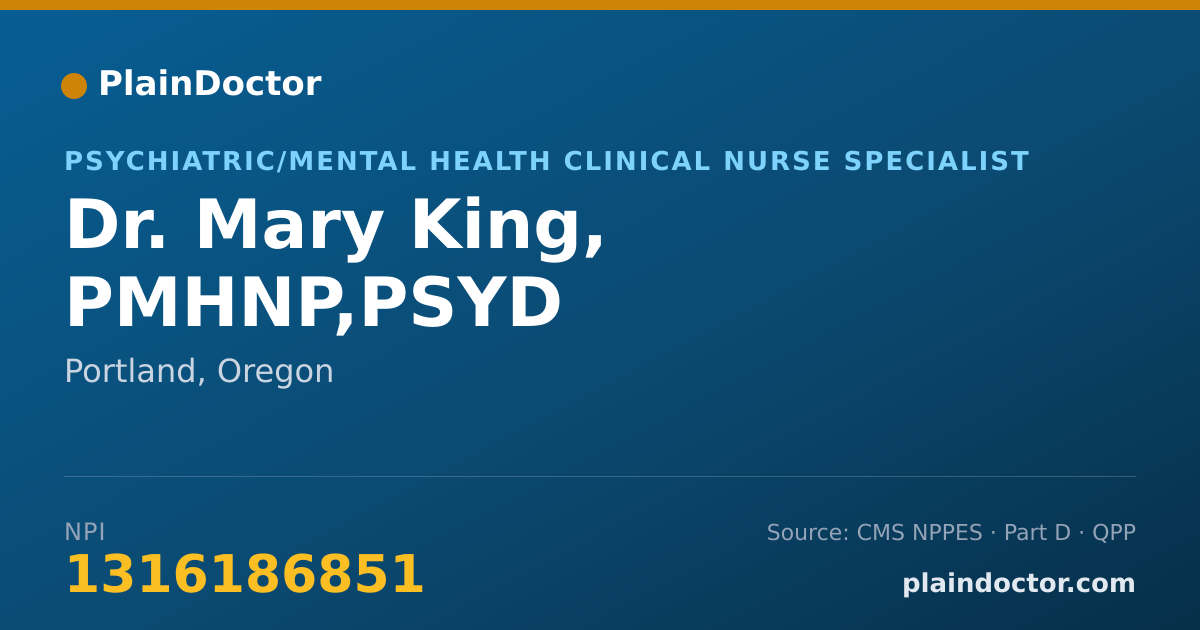 Shareable card for Mary King, PMHNP,PSYD - Psychiatric/Mental Health Clinical Nurse Specialist, Portland, OR