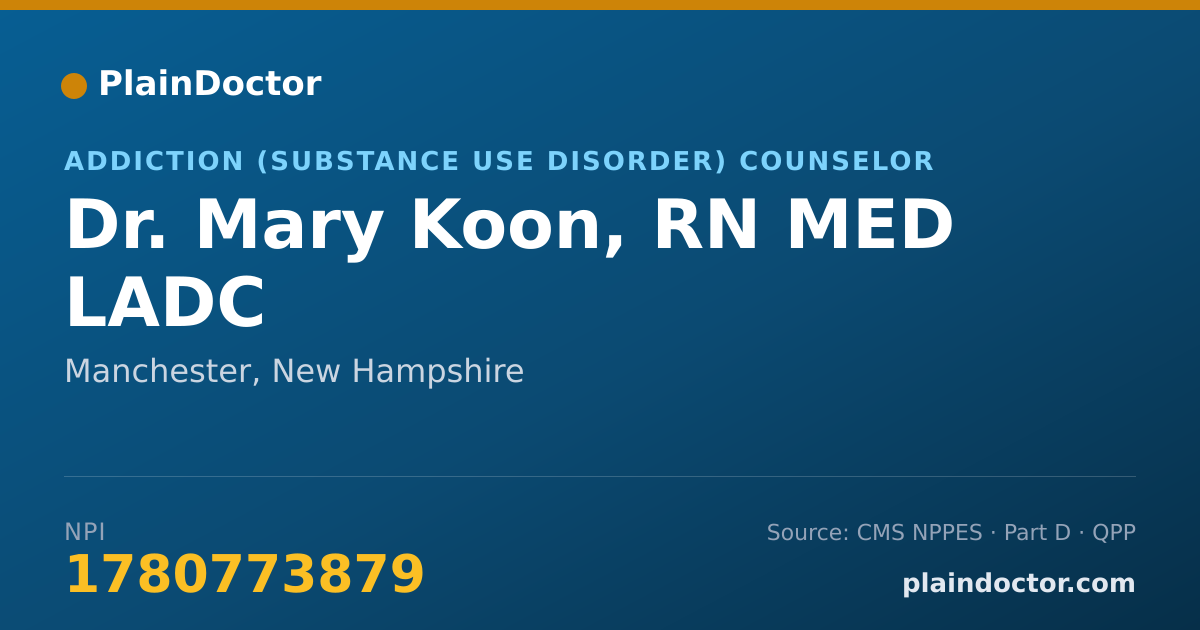 Shareable card for Mary Koon, RN MED LADC - Addiction (Substance Use Disorder) Counselor, Manchester, NH