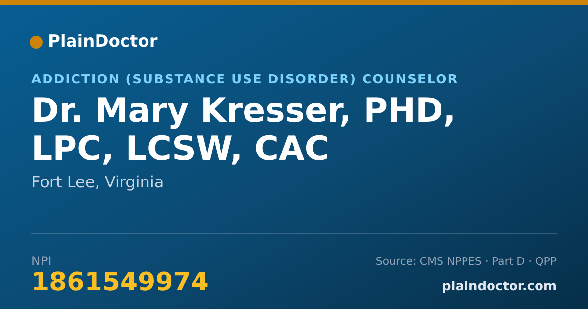 Shareable card for Mary Kresser, PHD, LPC, LCSW, CAC - Addiction (Substance Use Disorder) Counselor, Fort Lee, VA