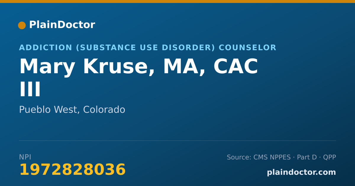 Shareable card for Mary Kruse, MA, CAC III - Addiction (Substance Use Disorder) Counselor, Pueblo West, CO