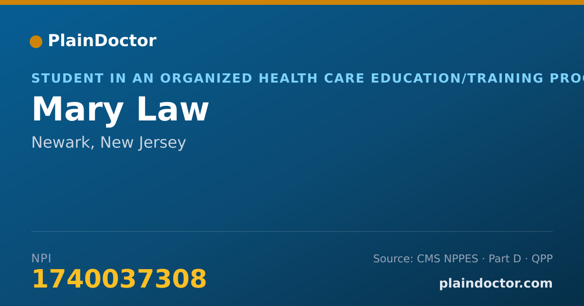 Shareable card for Mary Law - Student in an Organized Health Care Education/Training Program, Newark, NJ