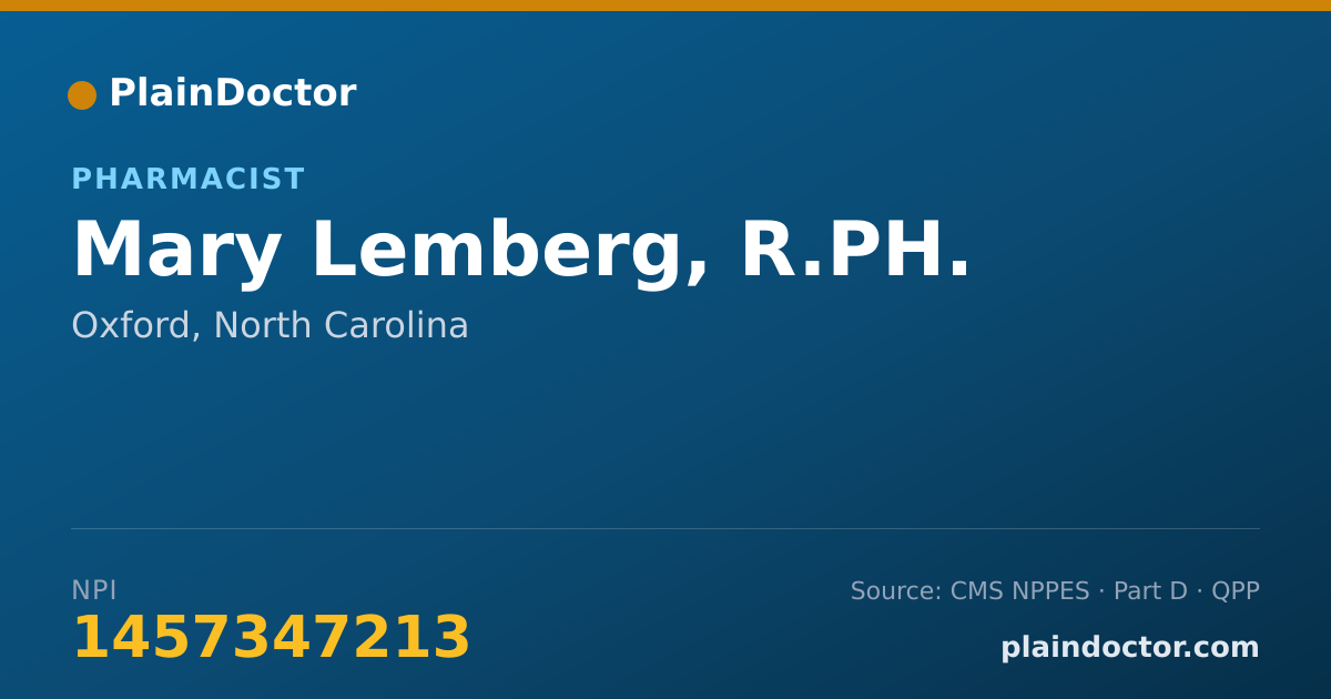 Shareable card for Mary Lemberg, R.PH. - Pharmacist, Oxford, NC