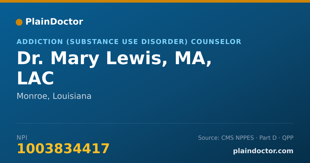 Shareable card for Mary Lewis, MA, LAC - Addiction (Substance Use Disorder) Counselor, Monroe, LA