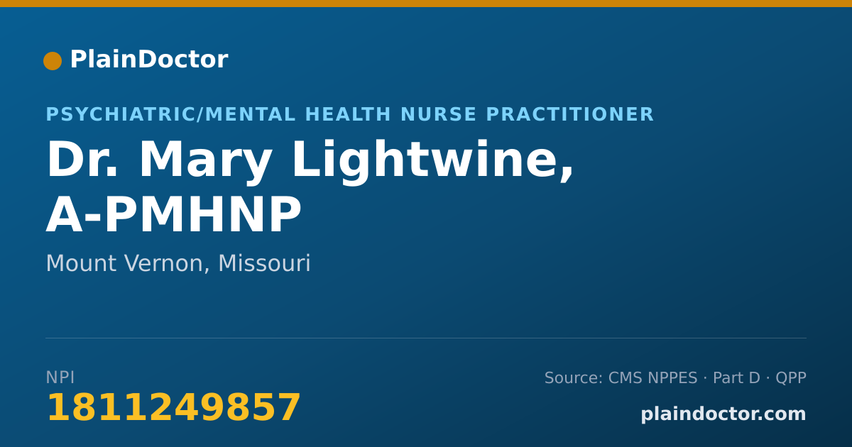 Shareable card for Mary Lightwine, A-PMHNP - Psychiatric/Mental Health Nurse Practitioner, Mount Vernon, MO