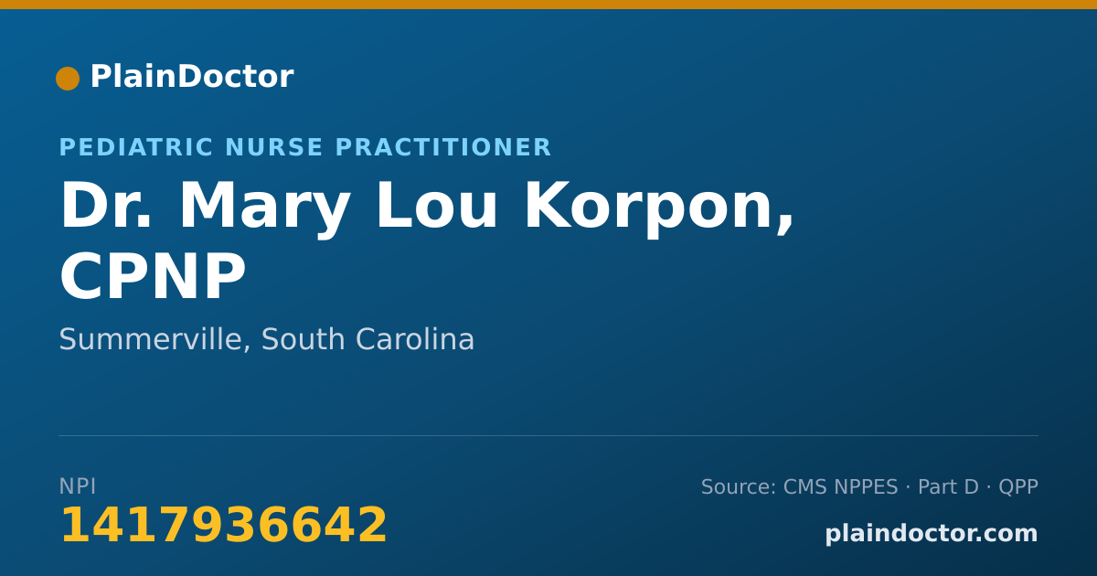 Shareable card for Mary Lou Korpon, CPNP - Pediatric Nurse Practitioner, Summerville, SC