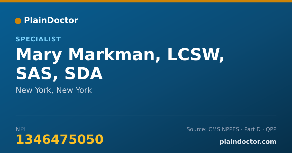 Shareable card for Mary Markman, LCSW, SAS, SDA - Specialist, New York, NY