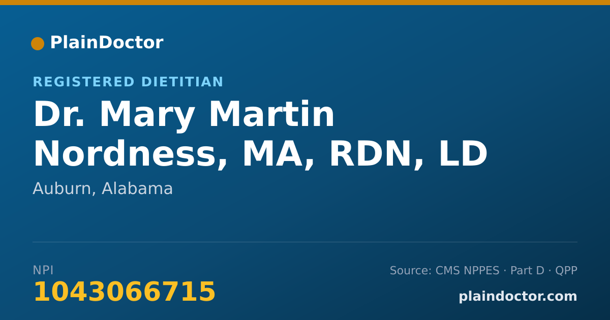 Shareable card for Mary Martin Nordness, MA, RDN, LD - Registered Dietitian, Auburn, AL