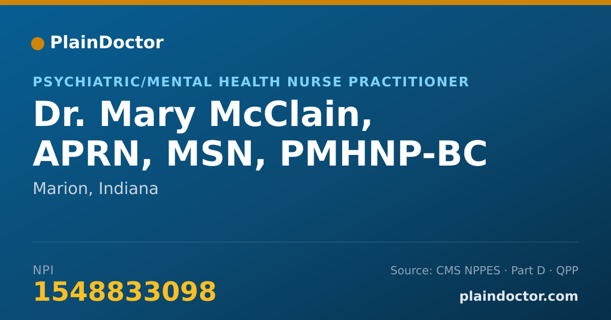 Shareable card for Mary McClain, APRN, MSN, PMHNP-BC - Psychiatric/Mental Health Nurse Practitioner, Marion, IN