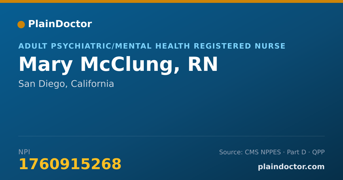 Shareable card for Mary McClung, RN - Adult Psychiatric/Mental Health Registered Nurse, San Diego, CA