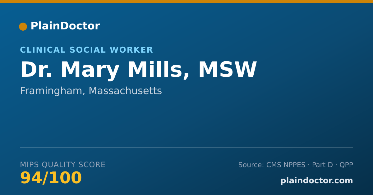 Shareable card for Mary Mills, MSW - Clinical Social Worker, Framingham, MA